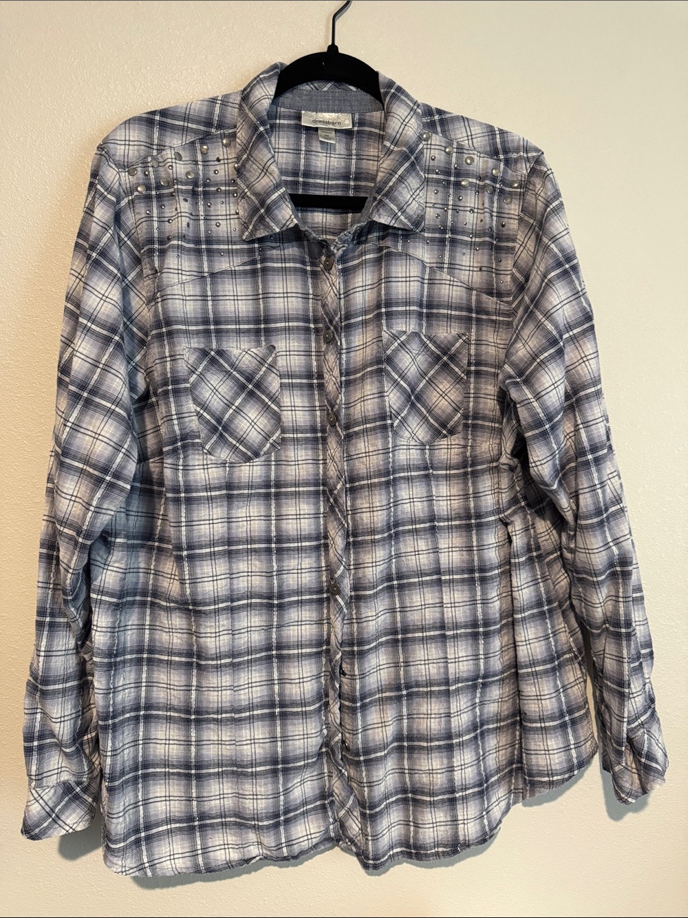 Dress Barn Blue and White Plaid Button-Down Shirt
